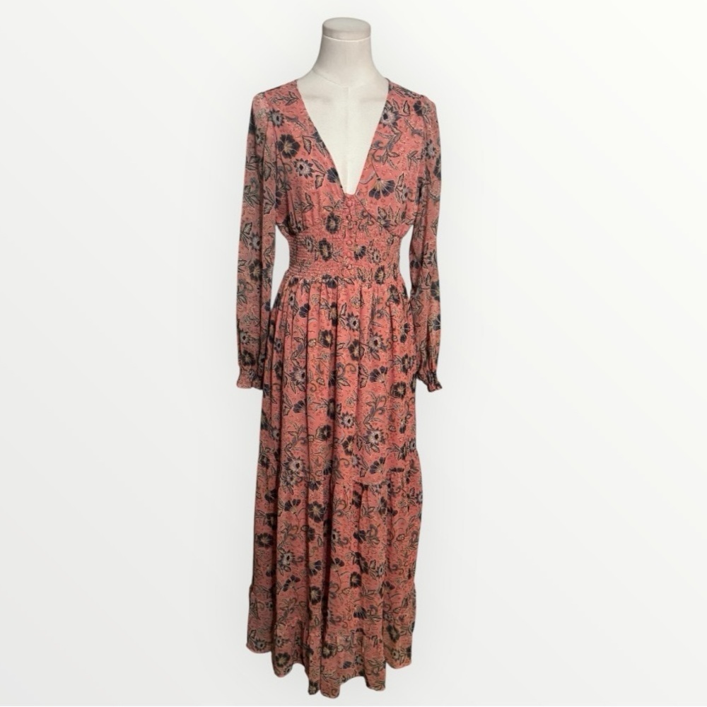 Patrons of Peace Pink Floral Long Sleeve Dress Smocked Waist Boho Vacation M